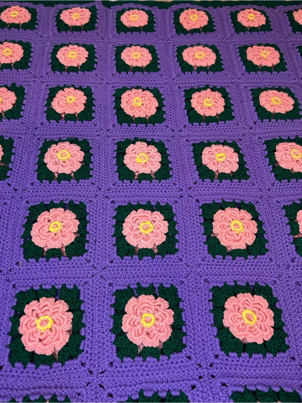Handmade Floral Granny Square Afghan - Purple, Pink & Green. 46 in x 70 in
